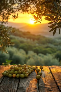 still life with green olives on a table in an olive grove.