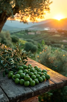 still life with green olives on a table in an olive grove.