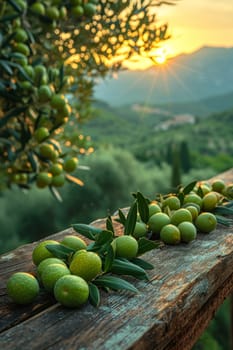 still life with green olives on a table in an olive grove.