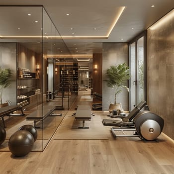 Functional and stylish home gym with mirrored walls and modern equipmentup32K HD