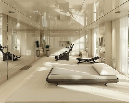 Functional and stylish home gym with mirrored walls and modern equipmentup32K HD