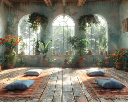 Peaceful yoga studio with natural wood floors and calming colorsHyperrealistic