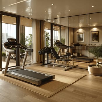 Functional and stylish home gym with mirrored walls and modern equipmentup32K HD