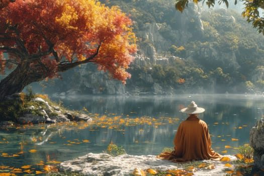 Portrait of an elderly woman on a lake in summer.