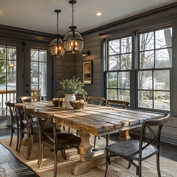 Warm and inviting dining room with a rustic farmhouse table and candle chandeliersuper detailed