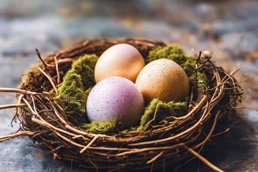 Eggcellent Easter Nest. A nest crafted from twigs, moss, and feathers, adorned with speckled eggs of different sizes and hues, set against a natural background to showcase the intricate beauty of nature's creations.