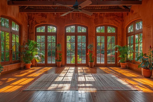 Peaceful yoga studio with natural wood floors and calming colorsHyperrealistic