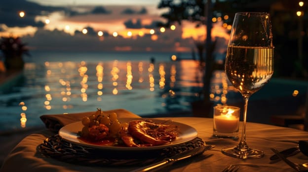 A plate of food with a glass and candle on it