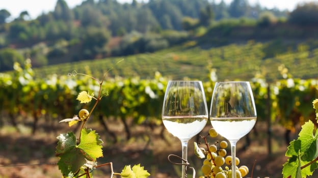 Two wine glasses are sitting on a vineyard with grapes