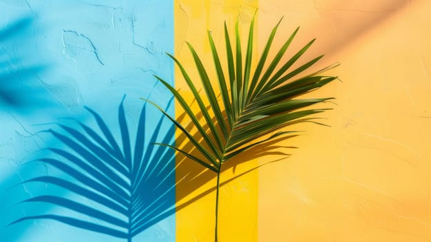 A palm leaf is shown against a blue and yellow wall