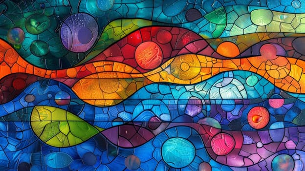A colorful stained glass painting of a fish and water