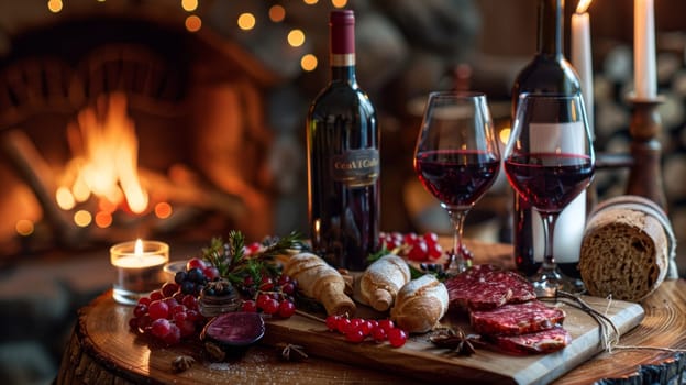 A table with wine and bread on it next to a fire