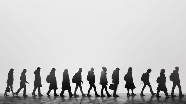 A group of people walking in a line with their back to the camera