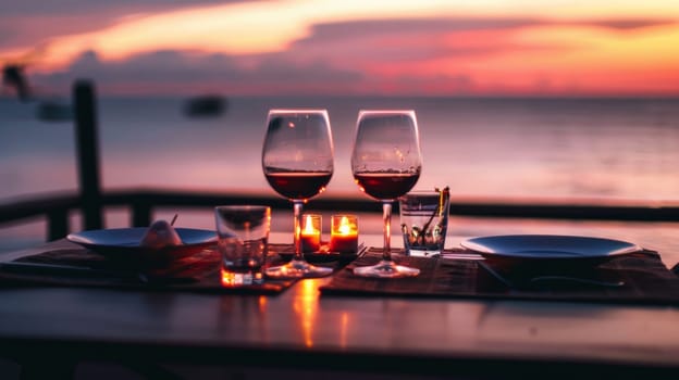 Two wine glasses on a table with candles and food