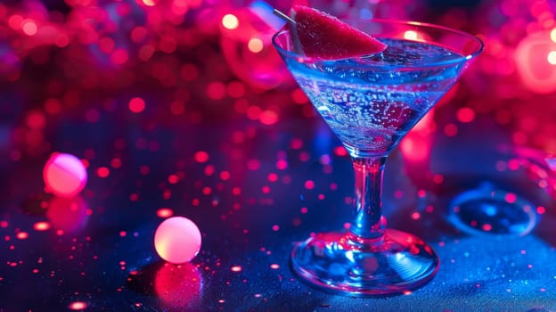 A martini glass filled with a drink and some lights