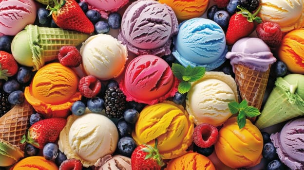 A close up of a pile of ice cream cones and berries