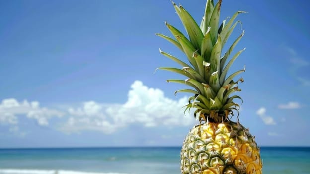 A pineapple on a beach with the ocean in the background