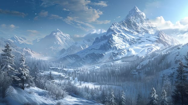A painting of a snowy mountain with trees and snow