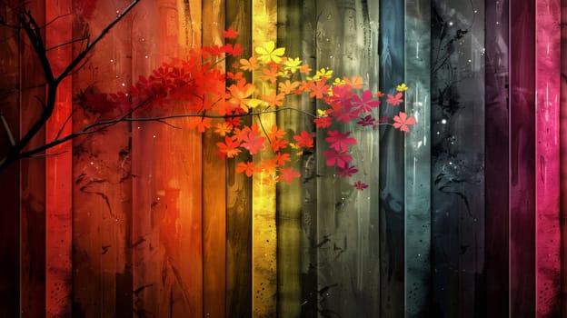 A colorful background with a tree and flowers on it