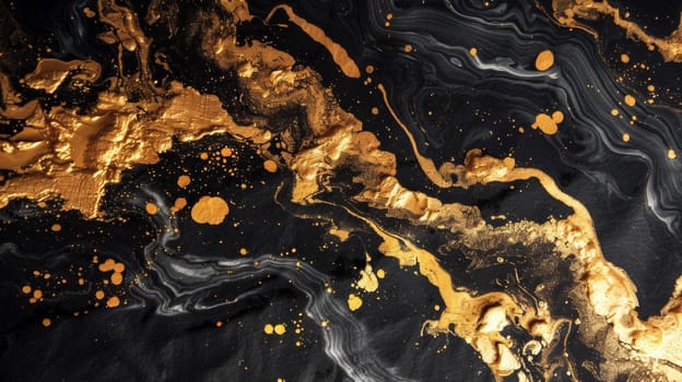 A close up of a black and gold painting with some paint on it