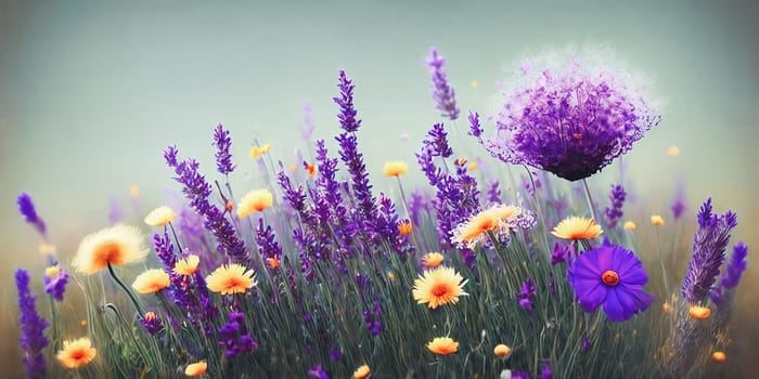 Whimsical and enchanting background using a blend of wildflowers such as dandelions, lavender, and poppies. Panorama