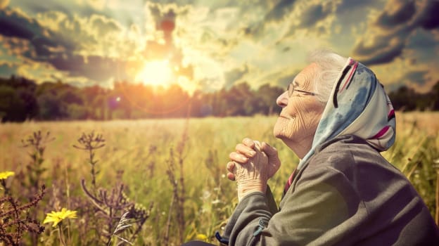 An older woman sitting in a field with her hands folded