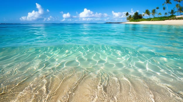 A beach with clear water and palm trees in the background