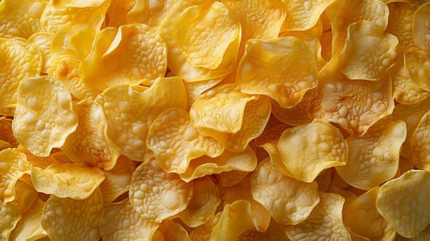 A close up of a pile of yellow potato chips on the table