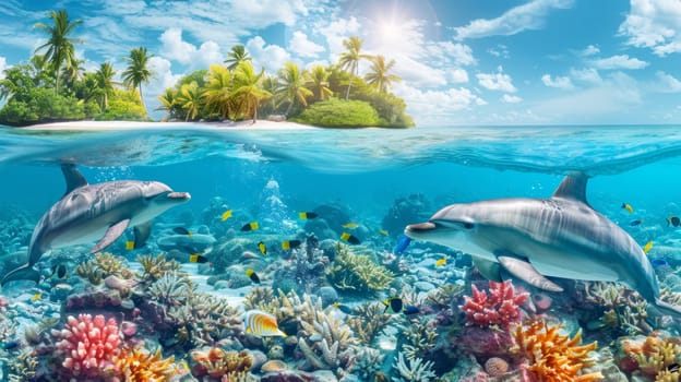 Two dolphins swimming over a coral reef with an island in the background