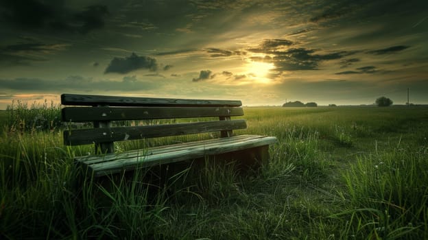 A bench in a field with the sun setting behind it