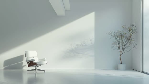 A chair in a white room with large windows and potted plant