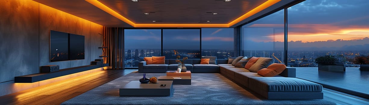 High-tech smart home living room with integrated technology and sleek furnitureup32K HD