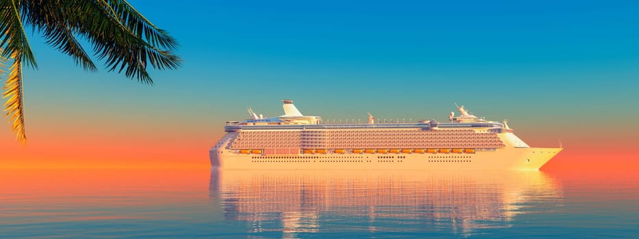 A cruise ship sails in calm waters, its grandeur enhanced by the fiery hues of a tropical sunset, with a palm tree in the foreground.