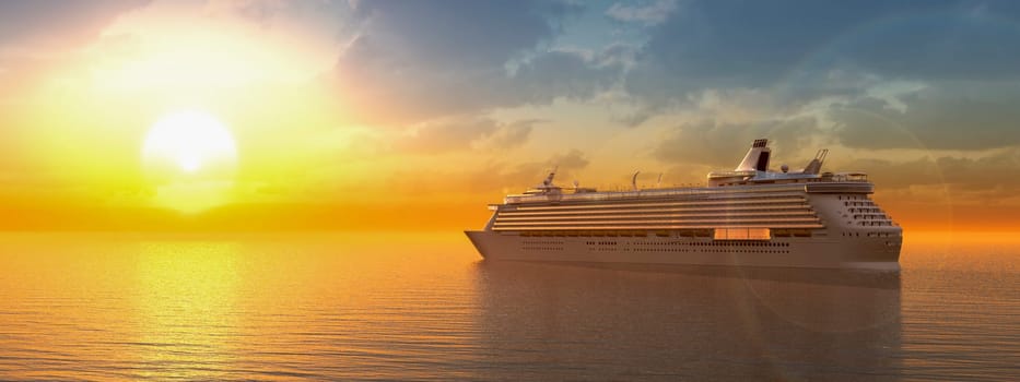 A luxurious cruise ship embarks on a voyage across the tranquil sea basked in the golden glow of a setting sun.