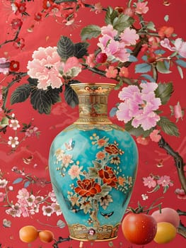 An artistic arrangement of flowers, fruit, and a blue vase on a vibrant red background. The vibrant colors and botanical elements create a striking visual display on the tableware