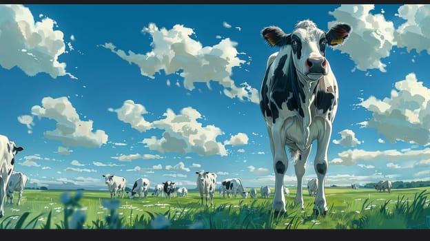 A large group of cows standing in a field with clouds behind them