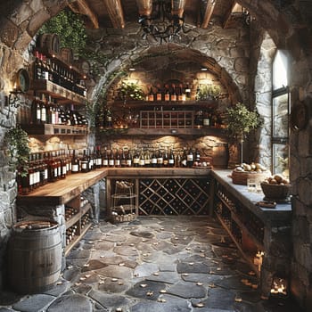 Rustic wine cellar with stone walls and wooden wine racksup32K HD