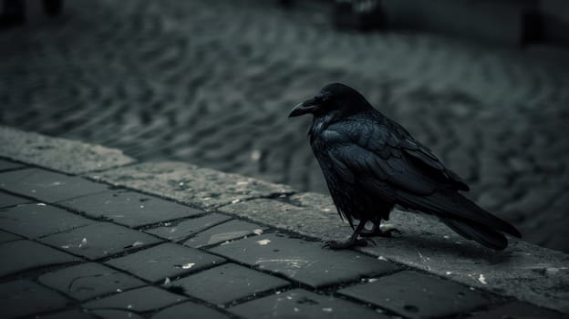 A black bird standing on a brick sidewalk in the rain