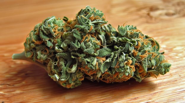 A close up of a marijuana plant on top of wood