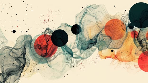 A painting of abstract swirls and dots on a white background