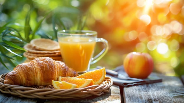 A table with a plate of food and an orange juice