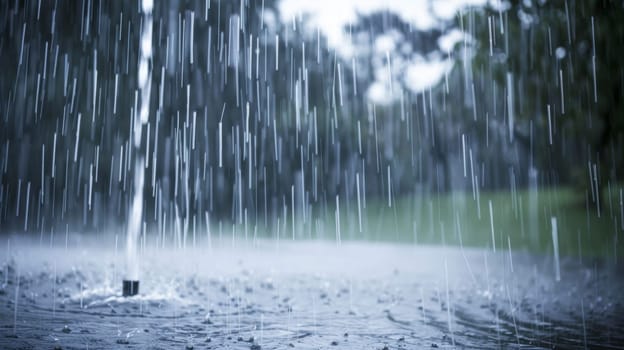 A close up of a large open umbrella in the rain