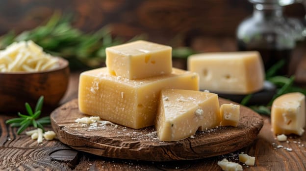 A wooden cutting board with cheese and a bowl of parmesan