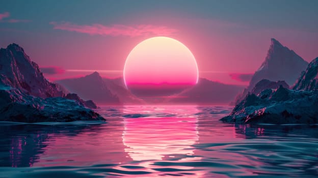 A sunset over the ocean with mountains in front of it