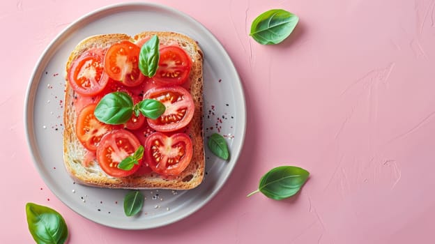 A plate with a piece of bread topped with tomatoes and basil