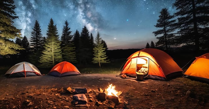 Campsite Coziness. Set up a cozy camping scene with a tent pitched under the starry night sky, illuminated by a warm campfire. Panorama