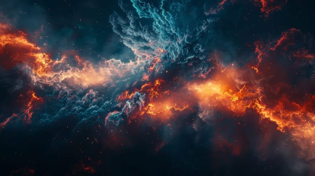 A close up of a nebula with orange and blue flames