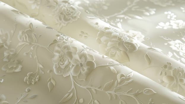 A close up of a white fabric with flowers on it