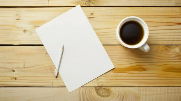 A cup of coffee and a piece of paper on wooden table