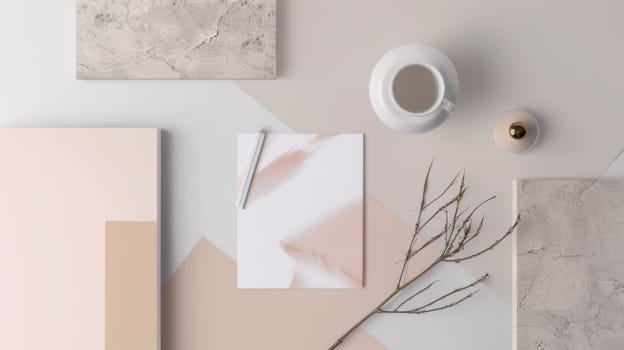 A white coffee cup and a plant sit on top of some papers